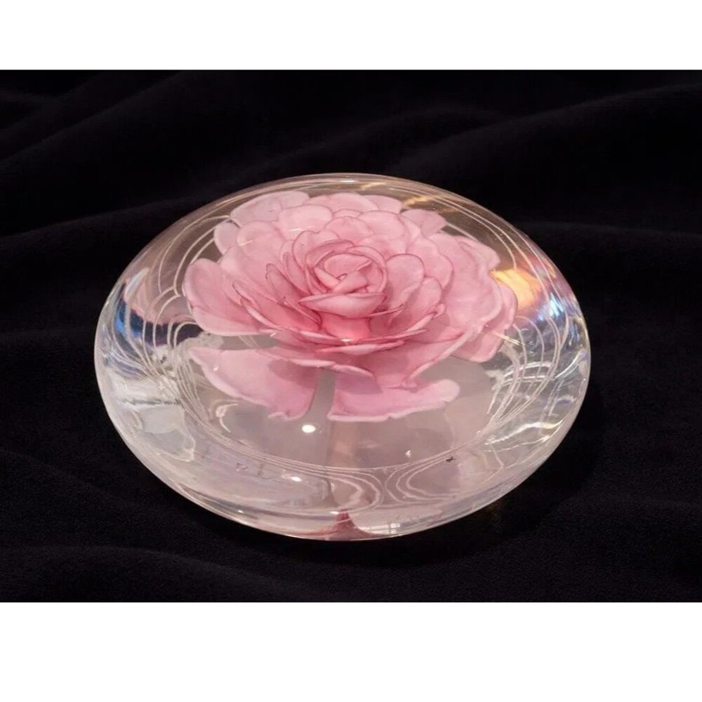 Vintage Hand Blown Art Glass Pink Rose Paperweight White Swirls Clear Glass